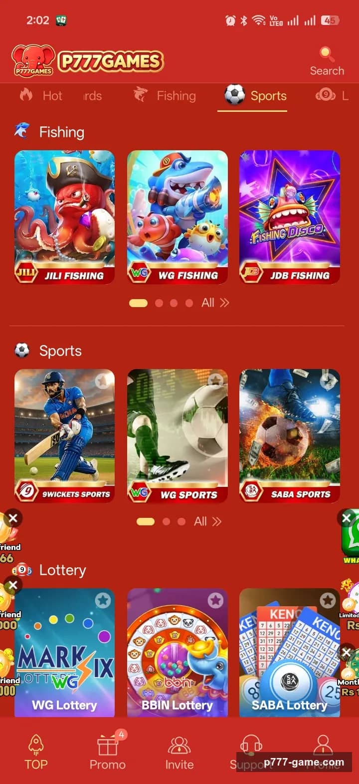 P777 Game fishing lobby with JILI, WG and JDB titles above a sports row of 9 Wickets, WG and SABA cricket and football