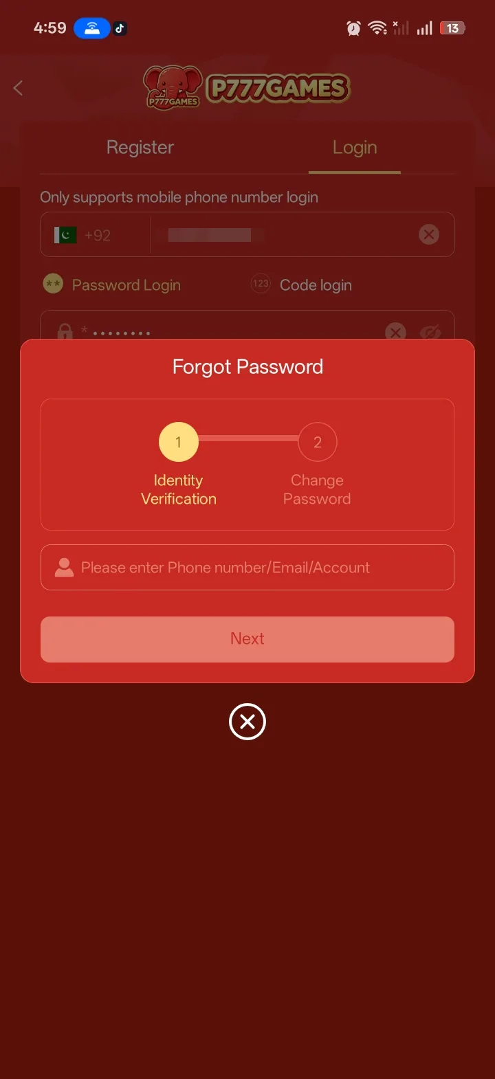 P777 Game Forgot Password pop-up with Identity Verification and Change Password steps and a phone, email or account field