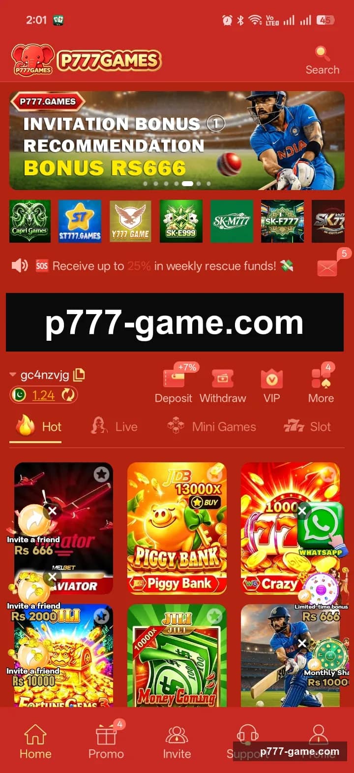 P777 Game home screen with wallet balance, Deposit and Withdraw buttons, and Hot, Live, Mini Games and Slot tabs