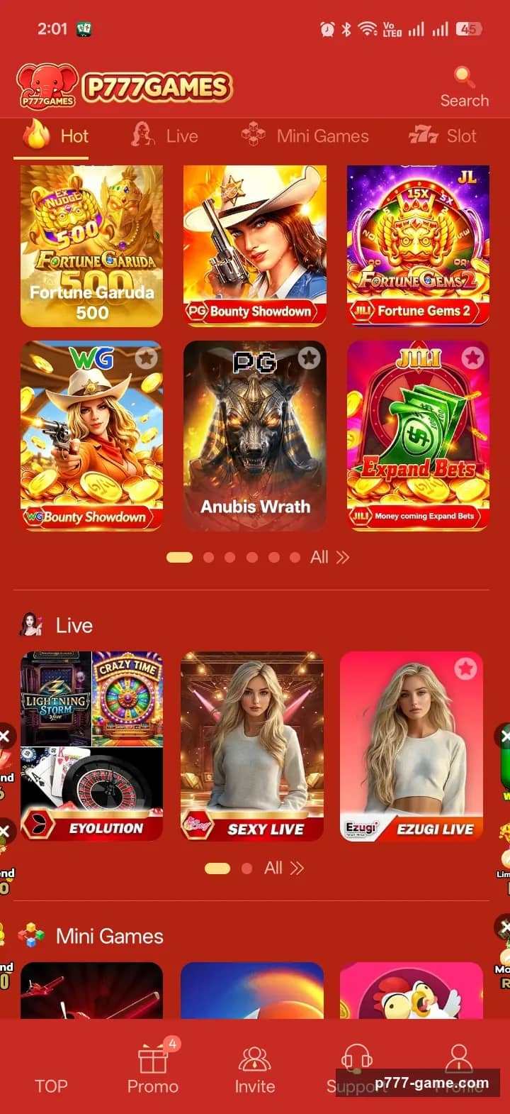 P777 Game Hot tab showing slot titles Fortune Garuda 500, Bounty Showdown, Fortune Gems 2 and Anubis Wrath