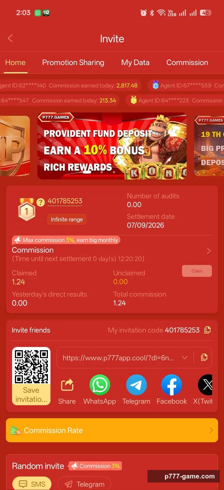 P777 Game Invite page with agent commission earnings, a personal invitation code, a QR code and social share buttons