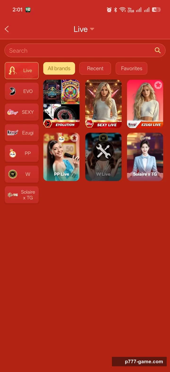 P777 Game live casino lobby with Evolution, Sexy Live, Ezugi, PP Live, W Live and Solaire x TG dealer brands