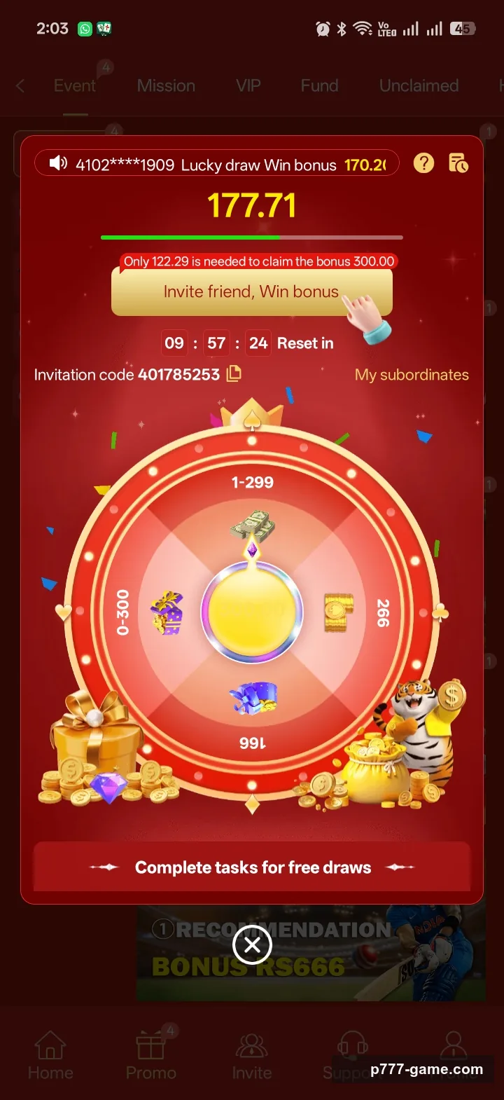 P777 Game lucky draw wheel: invite friends to reach a Rs 300 bonus, with an invitation code and a countdown timer
