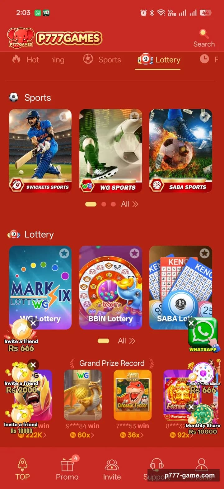 P777 Game sports and lottery tab with cricket and football betting brands and WG, BBIN and SABA lottery games