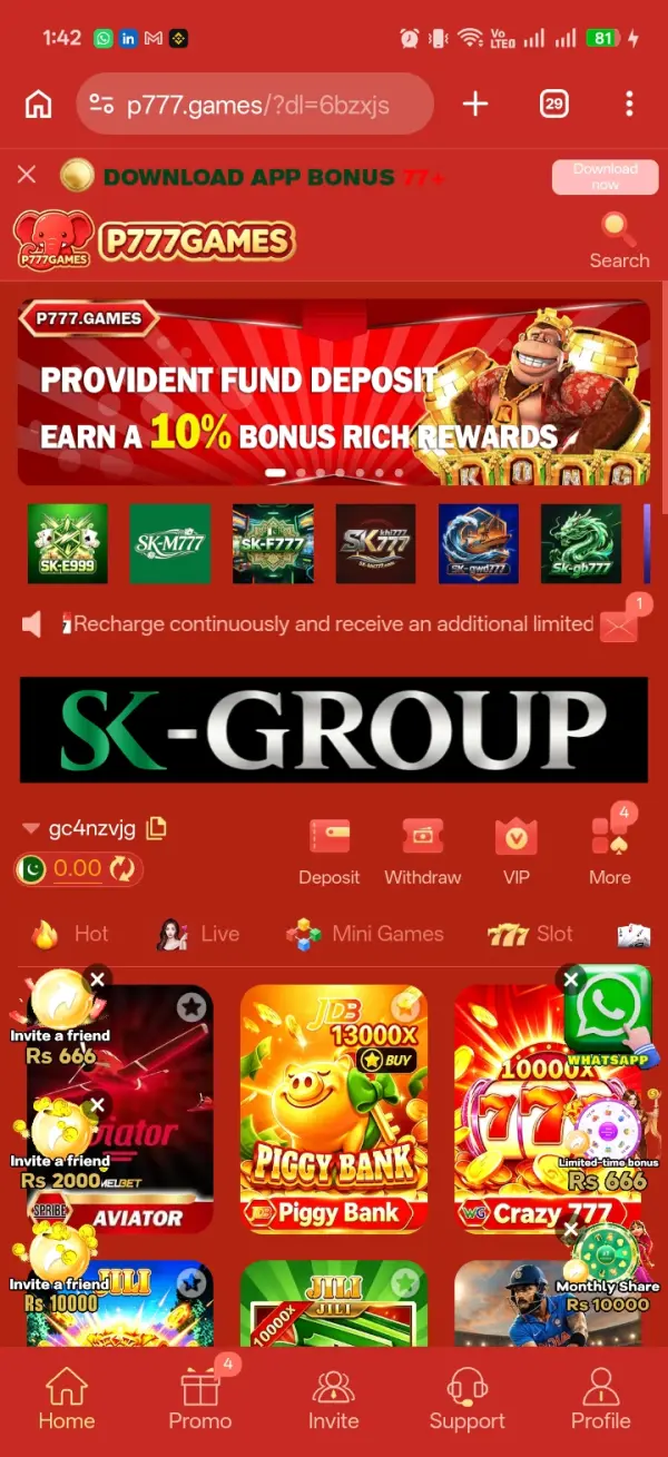 P777 Game home screen running on Android, the platform the APK is built for