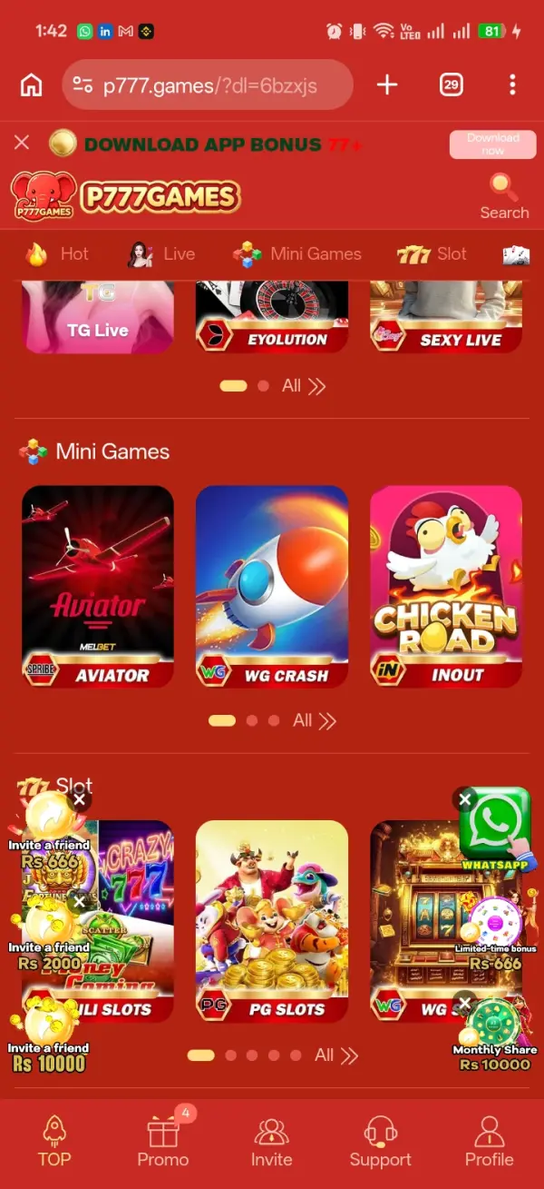P777 Game Mini Games tab showing Aviator alongside other crash-style titles
