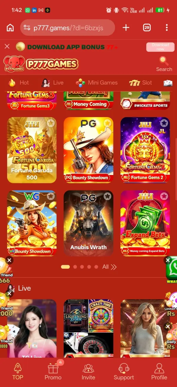 P777 Game slot titles alongside live dealer tables