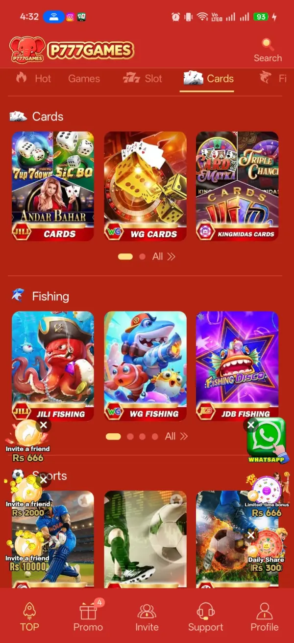 P777 Game Cards tab showing JILI Cards with Andar Bahar and Sic Bo, WG Cards, and KingMidas Cards lobbies